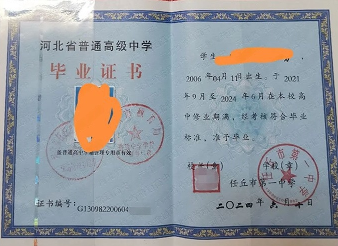 恩施任丘市第一中学高中毕业证样本图片